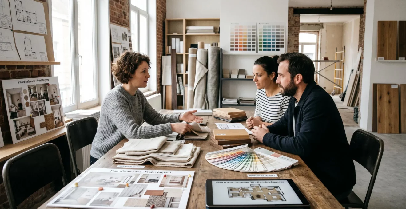Décoratrice d'intérieur présentant des échantillons de matériaux et un plan 3D sur tablette à deux clients dans un showroom lumineux avec tissus et palette de couleurs visibles