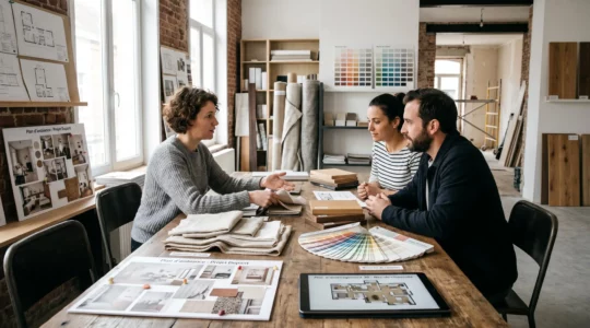 Décoratrice d'intérieur présentant des échantillons de matériaux et un plan 3D sur tablette à deux clients dans un showroom lumineux avec tissus et palette de couleurs visibles