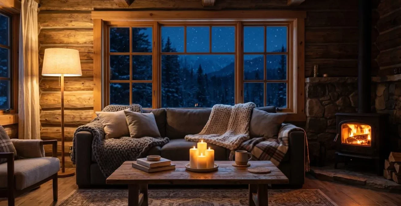 Salon de chalet montagnard avec éclairage en couches, lampe de sol en lin, bougies sur table basse et lueur d'un poêle à bois au fond