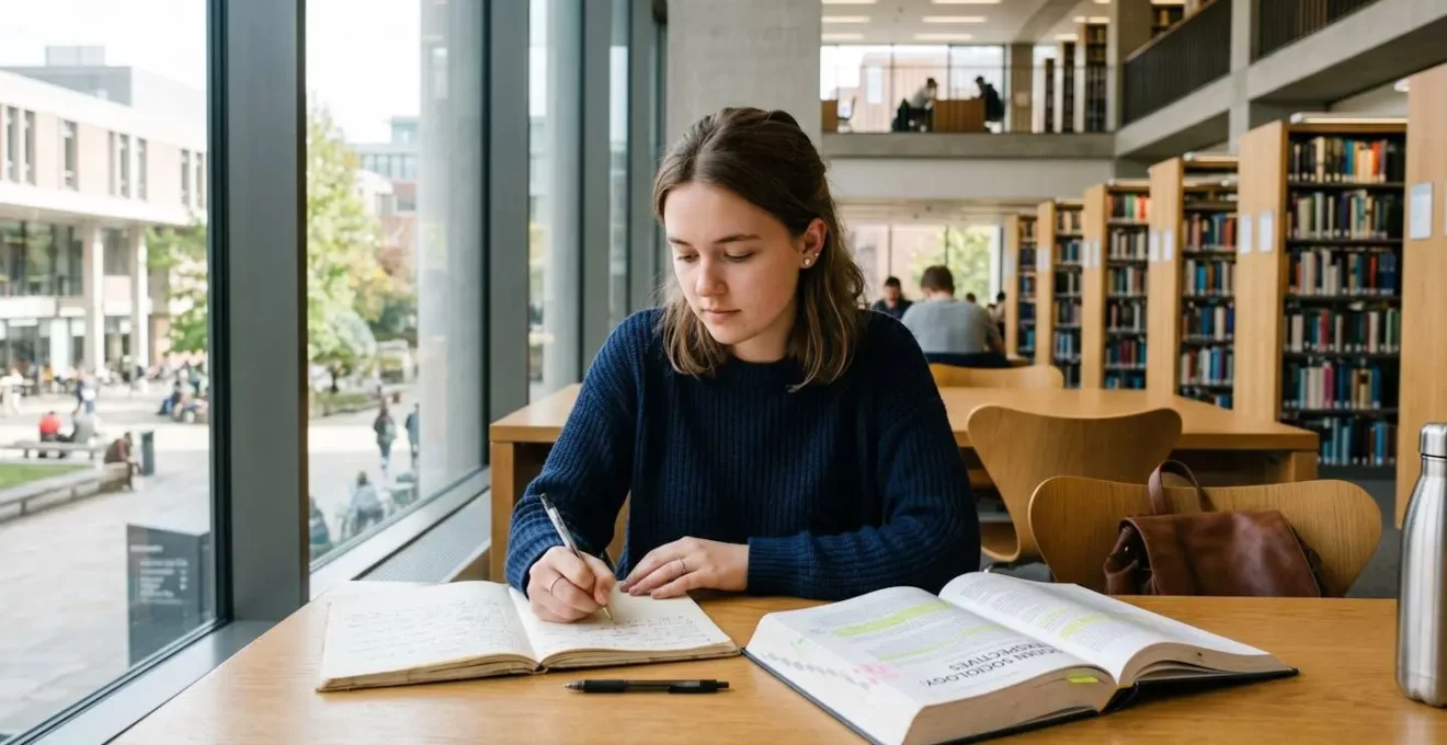 Étudiante seule dans une bibliothèque universitaire lumineuse, concentrée sur ses notes, représentant la formation initiale classique