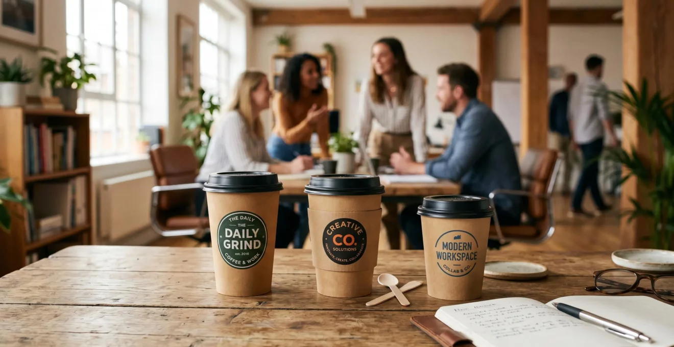 Gobelets en carton kraft personnalisés posés sur un bureau lors d'une pause café professionnelle