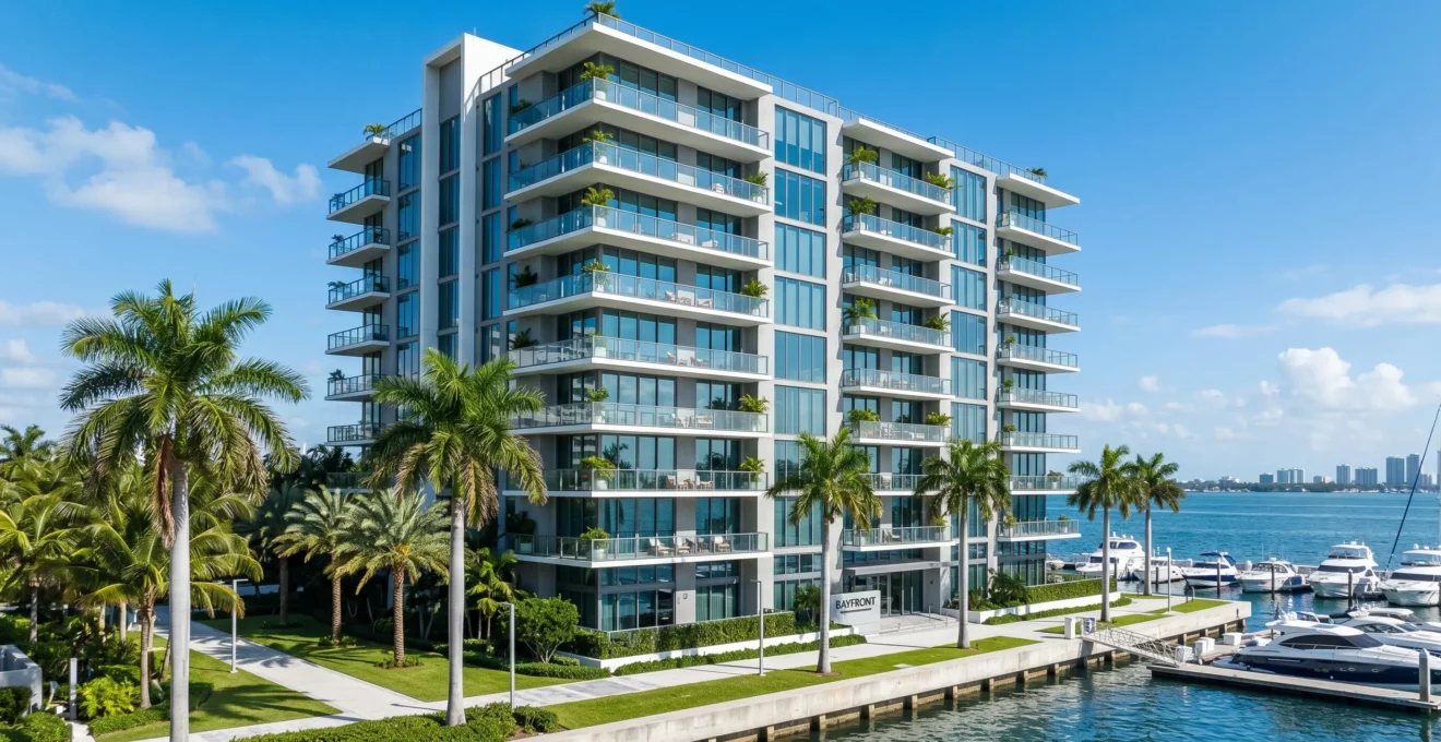 Immeuble de condominiums moderne en bord de mer à Miami avec balcons multiples et palmiers au premier plan