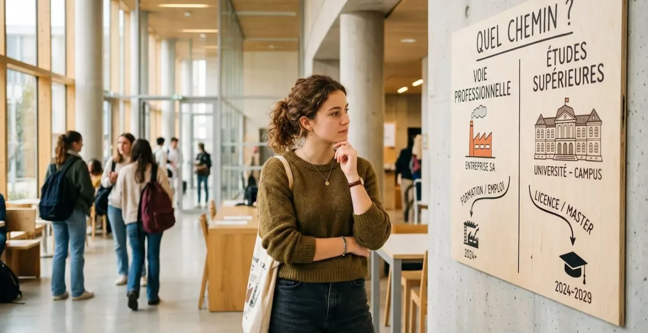 Jeune bachelier debout devant un tableau représentant deux chemins d'orientation, alternance et formation classique, hésitant entre les deux voies