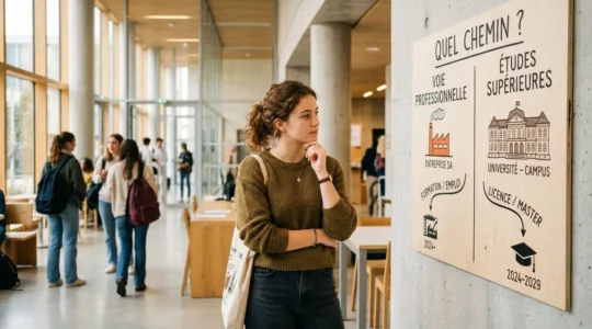 Jeune bachelier debout devant un tableau représentant deux chemins d'orientation, alternance et formation classique, hésitant entre les deux voies