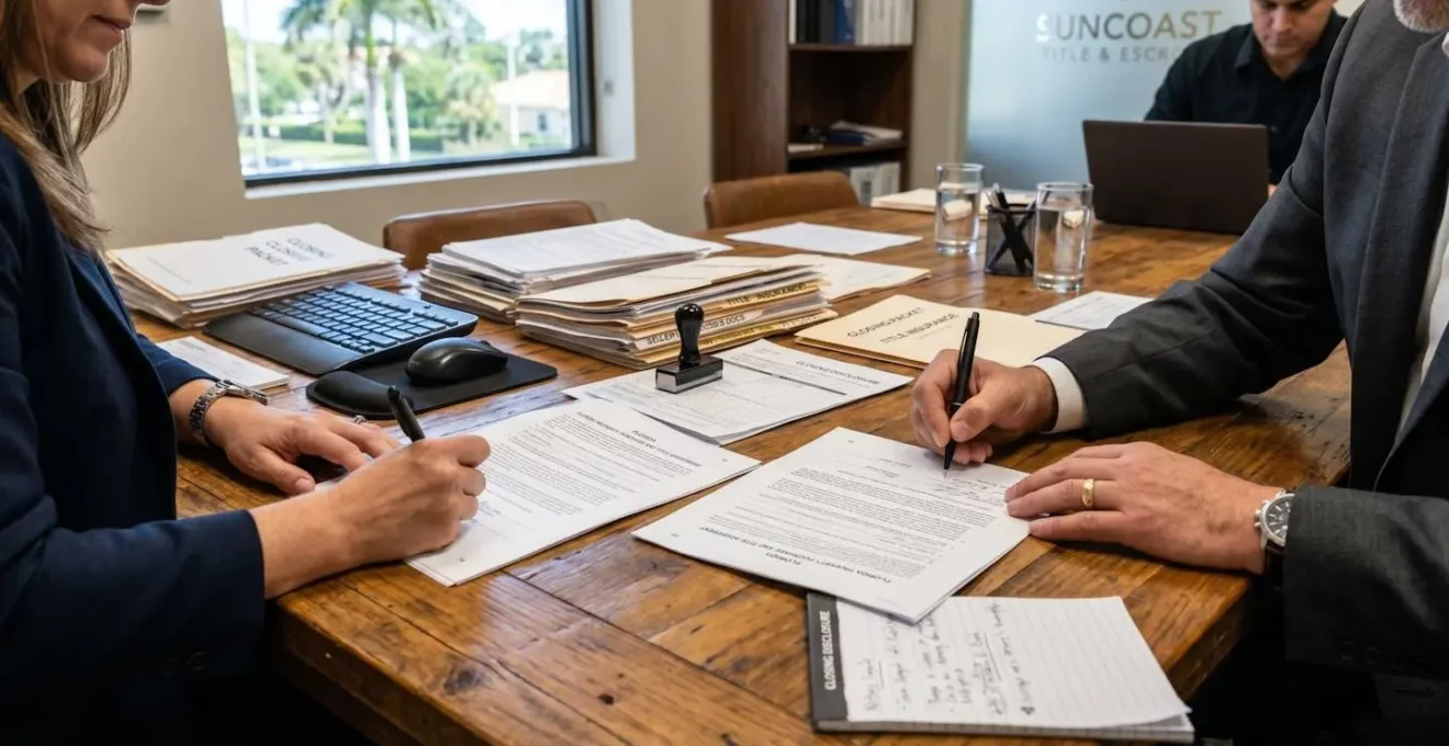 Mains signant des documents d'acquisition immobilière lors d'un closing dans un bureau de title company en Floride