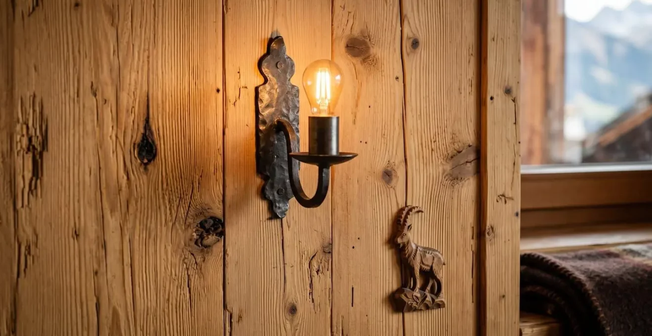 Mur en lambris d'épicéa naturel dans un appartement de montagne, avec applique en métal forgé et décorations sobres en bois sculpté