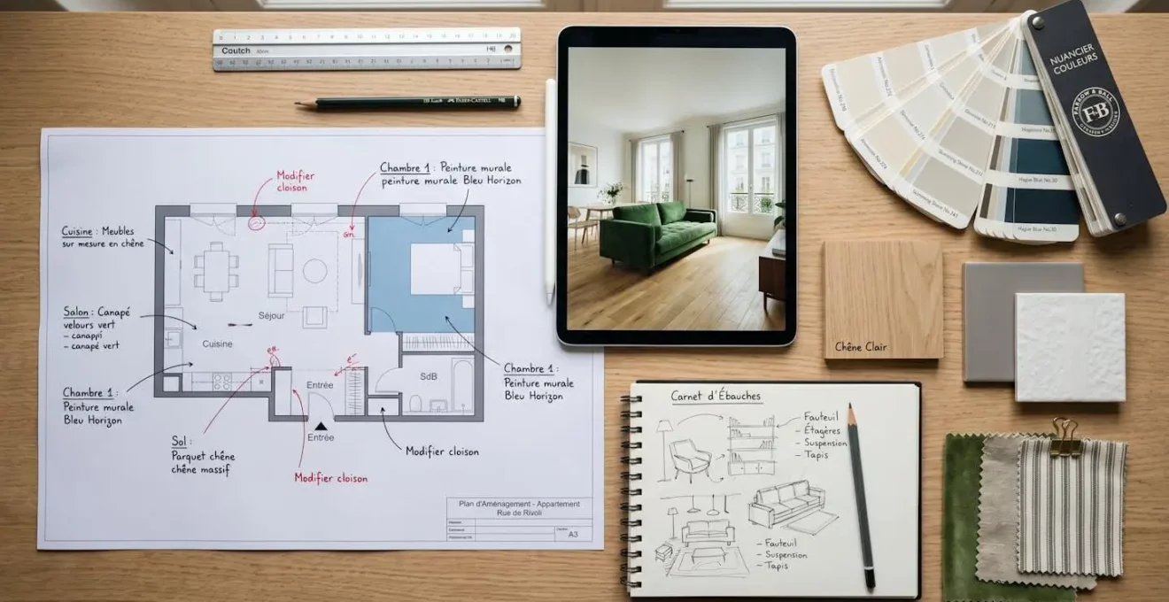 Plan d'aménagement annoté, tablette avec rendu 3D, nuancier de peintures et échantillons de matériaux disposés sur un bureau de décorateur
