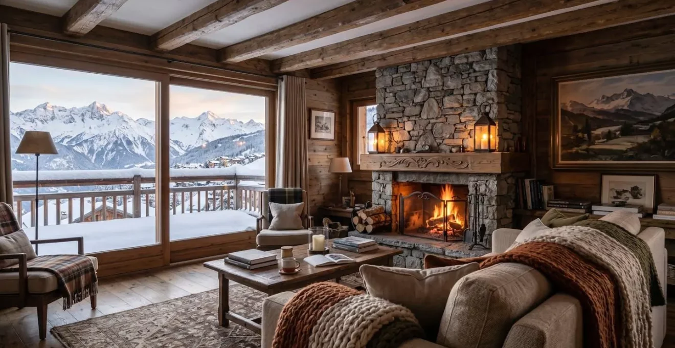 Salon d'un appartement de montagne à Courchevel avec poutres en bois brut, pierre naturelle et textiles chauds, éclairage tamisé