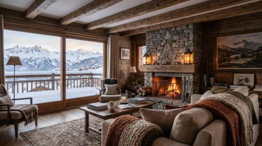 Salon d'un appartement de montagne à Courchevel avec poutres en bois brut, pierre naturelle et textiles chauds, éclairage tamisé