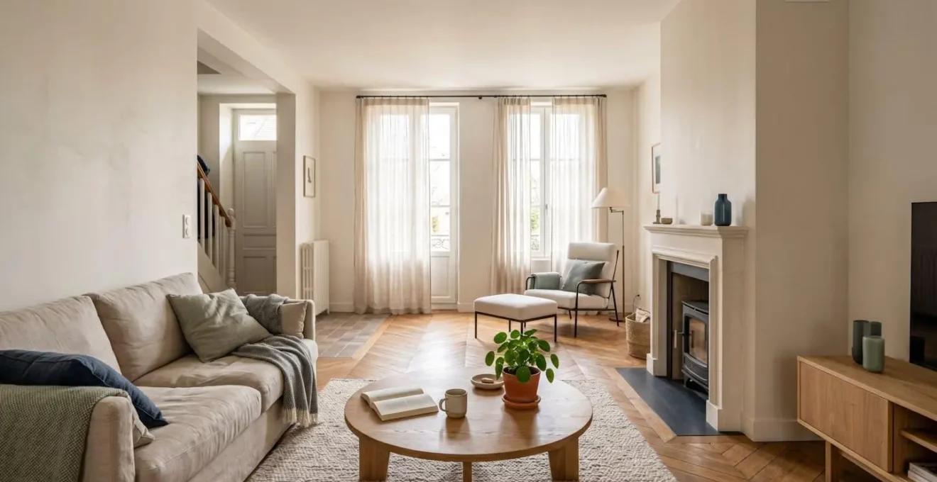 Salon contemporain lumineux avec volumes optimisés, palette de couleurs harmonieuse et mobilier bien proportionné après intervention d'un décorateur