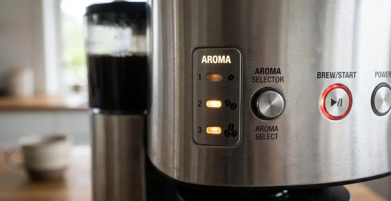 Gros plan sur le bouton sélecteur d'arôme d'une cafetière avec les 3 niveaux d'intensité visibles