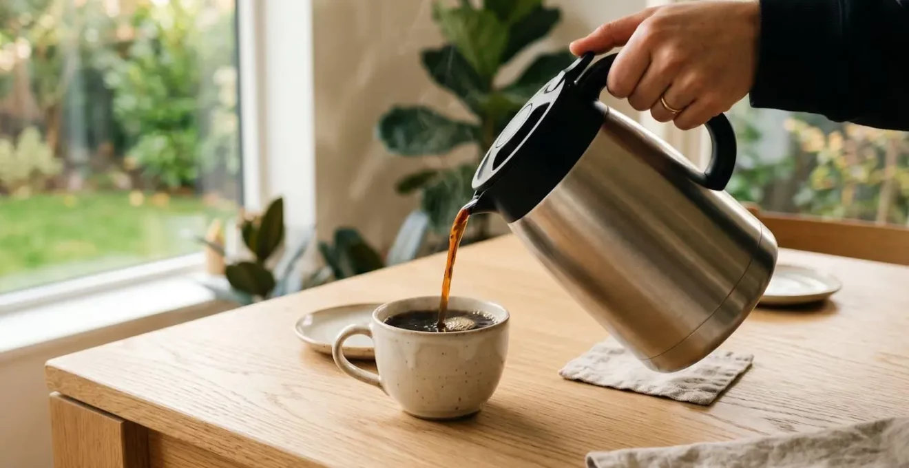 Verseuse isotherme en acier inoxydable brossé posée sur une table en bois clair avec un café versé dans une tasse