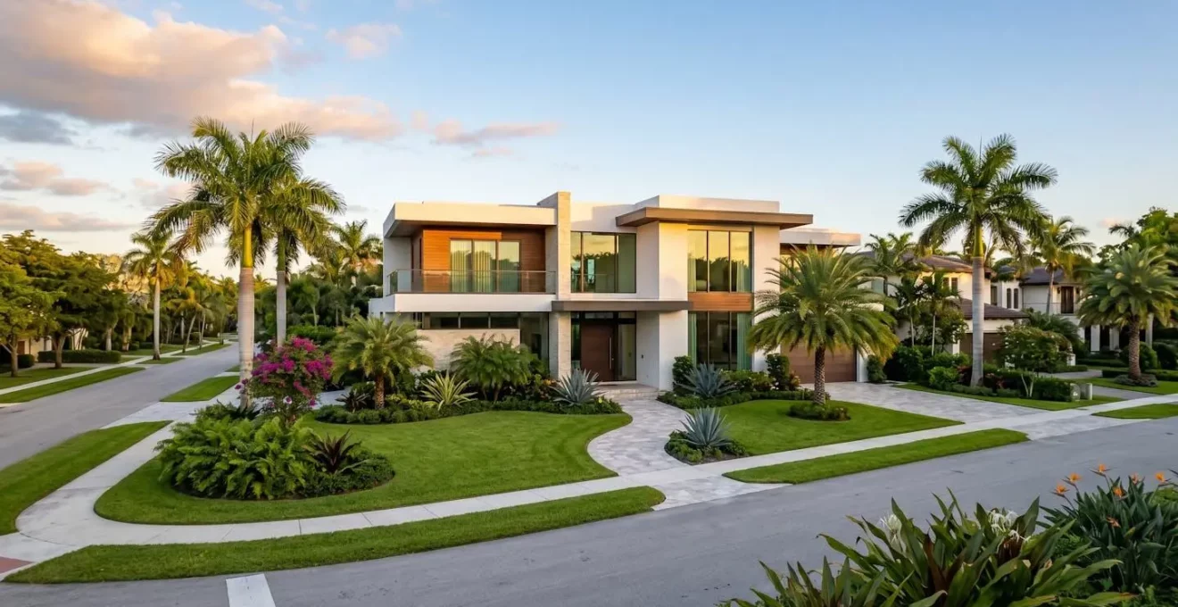 Villa unifamiliale moderne dans un quartier résidentiel de Miami avec palmiers et aménagement paysager tropical sous lumière dorée de fin de journée