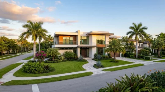 Villa unifamiliale moderne dans un quartier résidentiel de Miami avec palmiers et aménagement paysager tropical sous lumière dorée de fin de journée