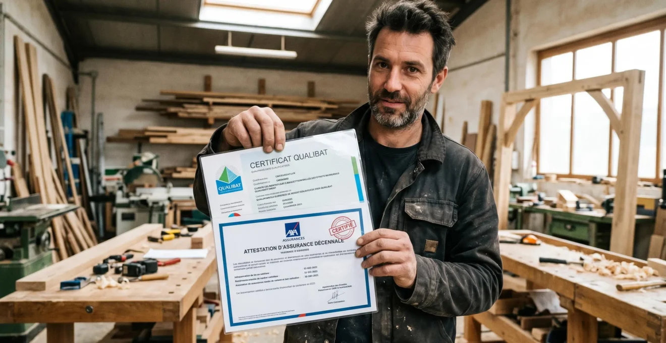 Artisan menuisier présentant ses attestations d'assurance décennale et certificat Qualibat dans son atelier professionnel avec établi et outils en arrière-plan