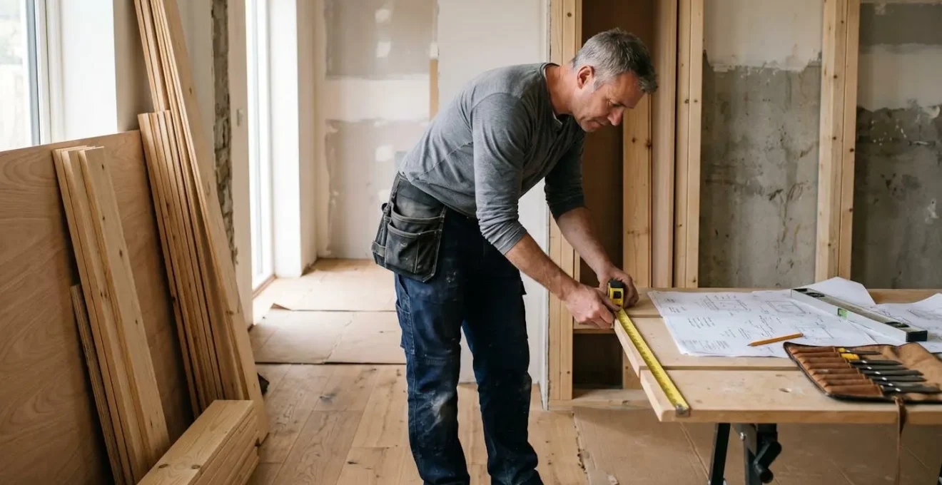 Artisan menuisier professionnel mesurant avec précision un emplacement pour menuiserie intérieure sur chantier de rénovation, environnement organisé avec matériaux bois et plans architecturaux