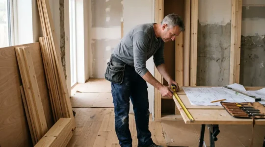 Artisan menuisier professionnel mesurant avec précision un emplacement pour menuiserie intérieure sur chantier de rénovation, environnement organisé avec matériaux bois et plans architecturaux