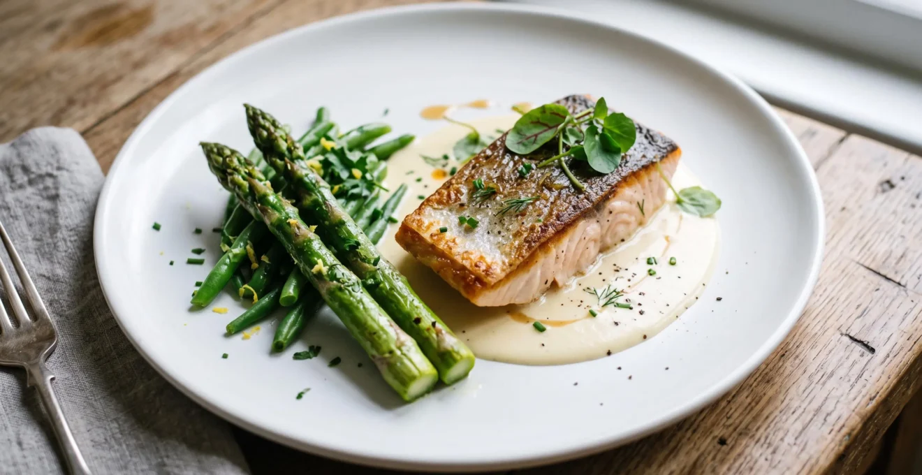 Assiette de filet d'omble chevalier nappé de sauce crémeuse au reblochon avec légumes de saison, dressage gastronomique sur fond clair
