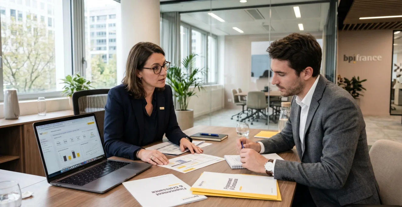 Conseiller Bpifrance présentant les options de financement à un entrepreneur français dans un bureau moderne