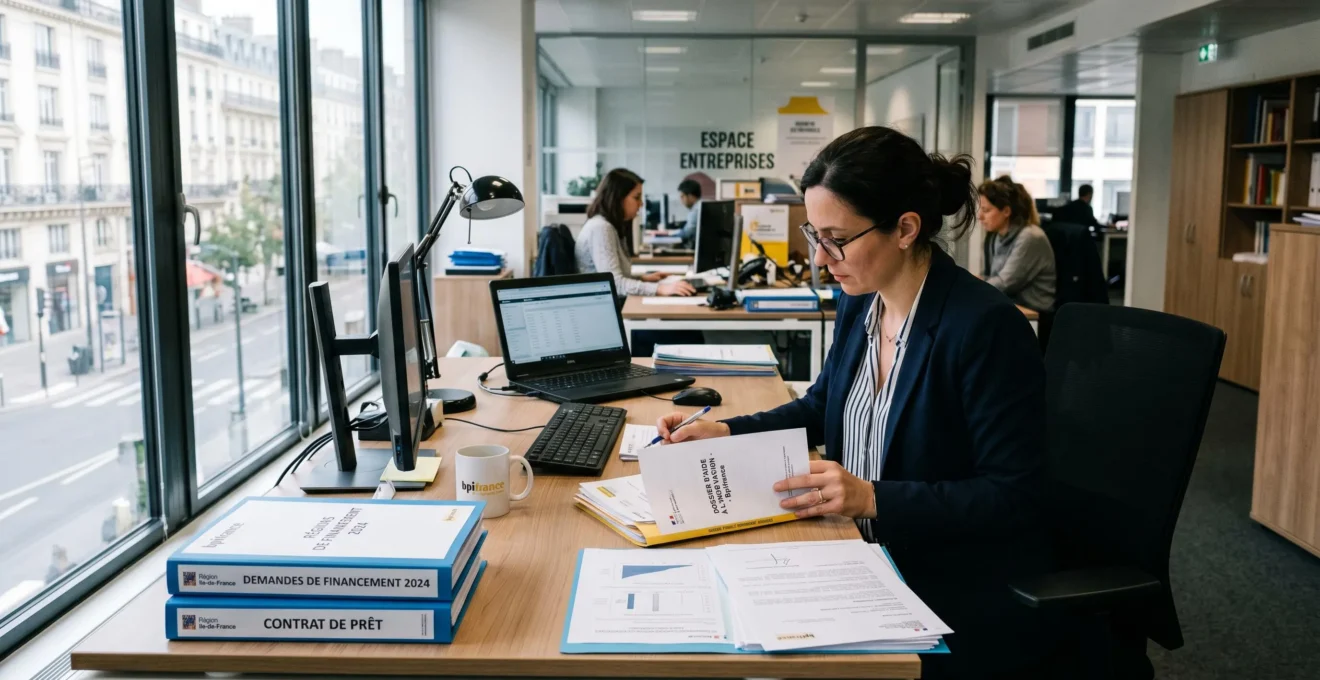 Conseiller financier examinant des dossiers de demande d'aide publique dans un bureau institutionnel français