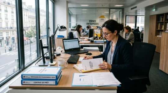 Conseiller financier examinant des dossiers de demande d'aide publique dans un bureau institutionnel français