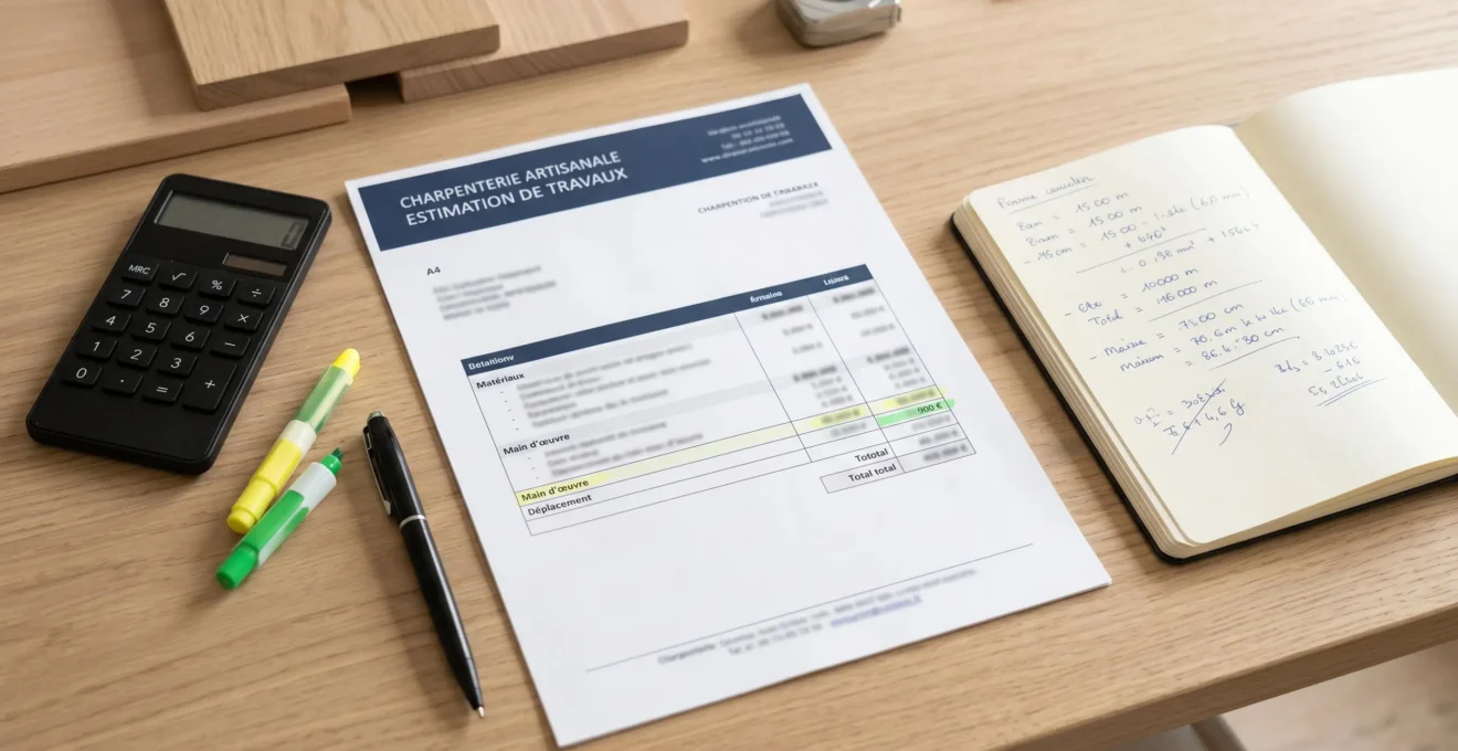 Devis professionnel de menuiserie intérieure posé sur table avec calculatrice, stylos et annotations manuscrites, prêt pour analyse détaillée des postes de coût