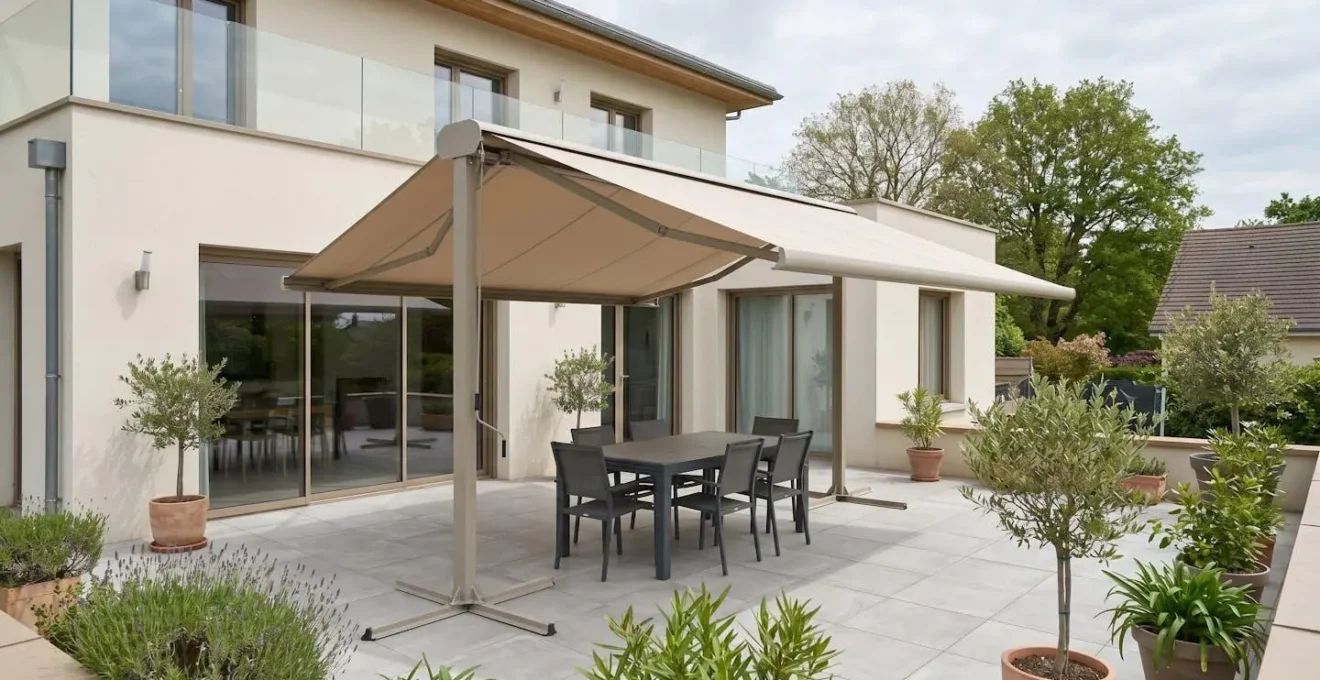 Groupe familial profitant de la zone ombragée créée par un store double pente en fin d'après-midi, avec ombres portées marquées montrant l'efficacité de la protection solaire