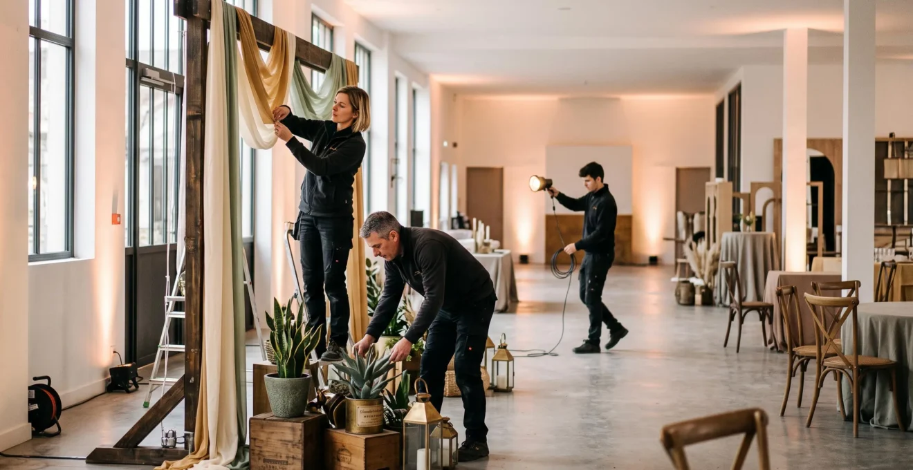 Installation de décoration événementielle dans une salle française avec arche thématique en bois et métal, mobilier coordonné et professionnels ajustant l'éclairage d'ambiance