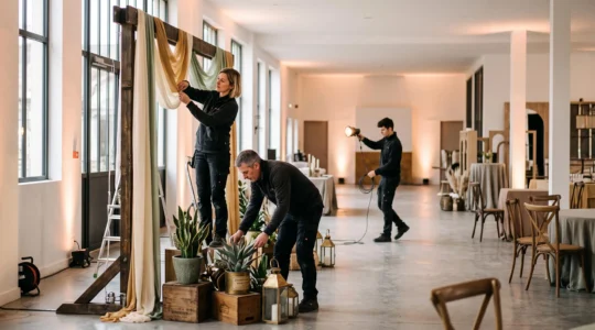 Installation de décoration événementielle dans une salle française avec arche thématique en bois et métal, mobilier coordonné et professionnels ajustant l'éclairage d'ambiance