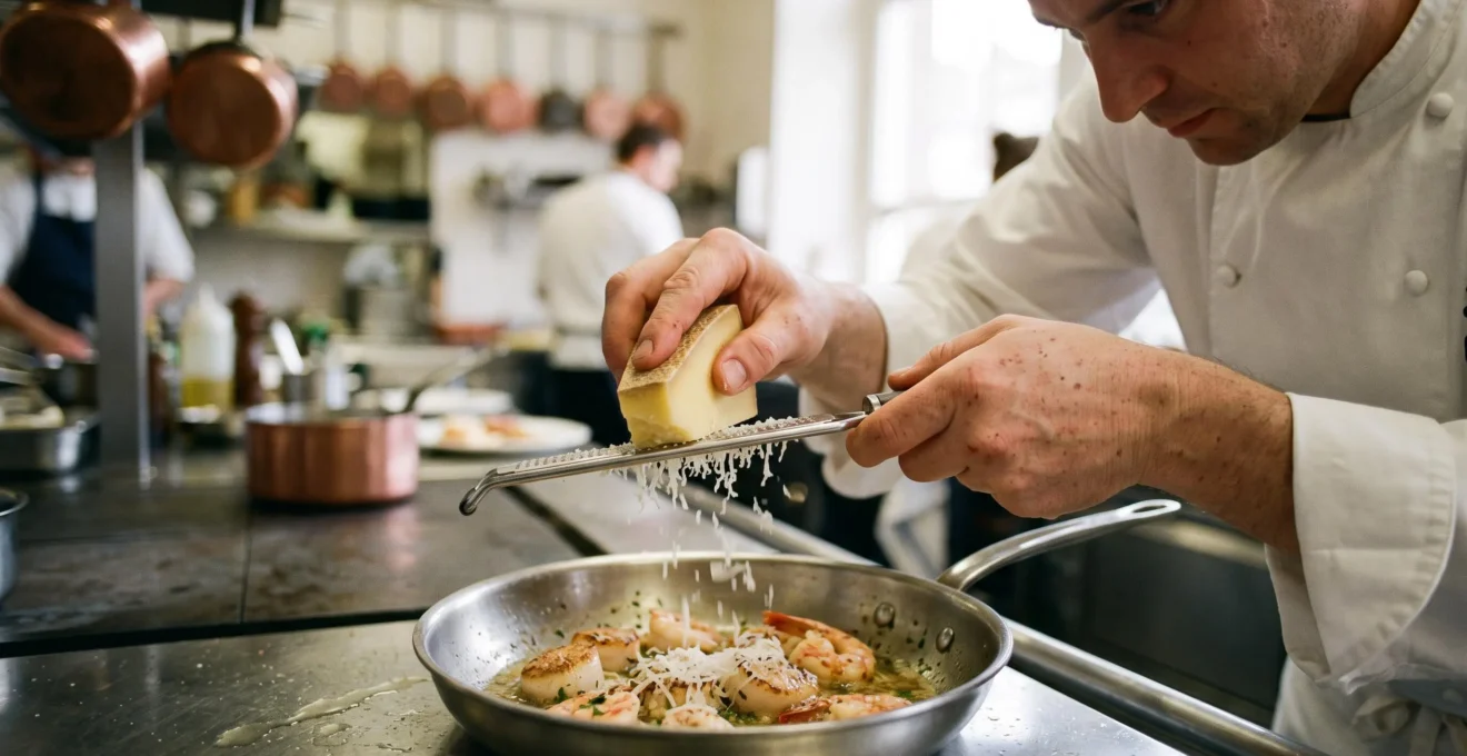 Mains de chef en veste blanche râpant du fromage savoyard au-dessus d'une poêle de fruits de mer sur plan de travail professionnel en inox