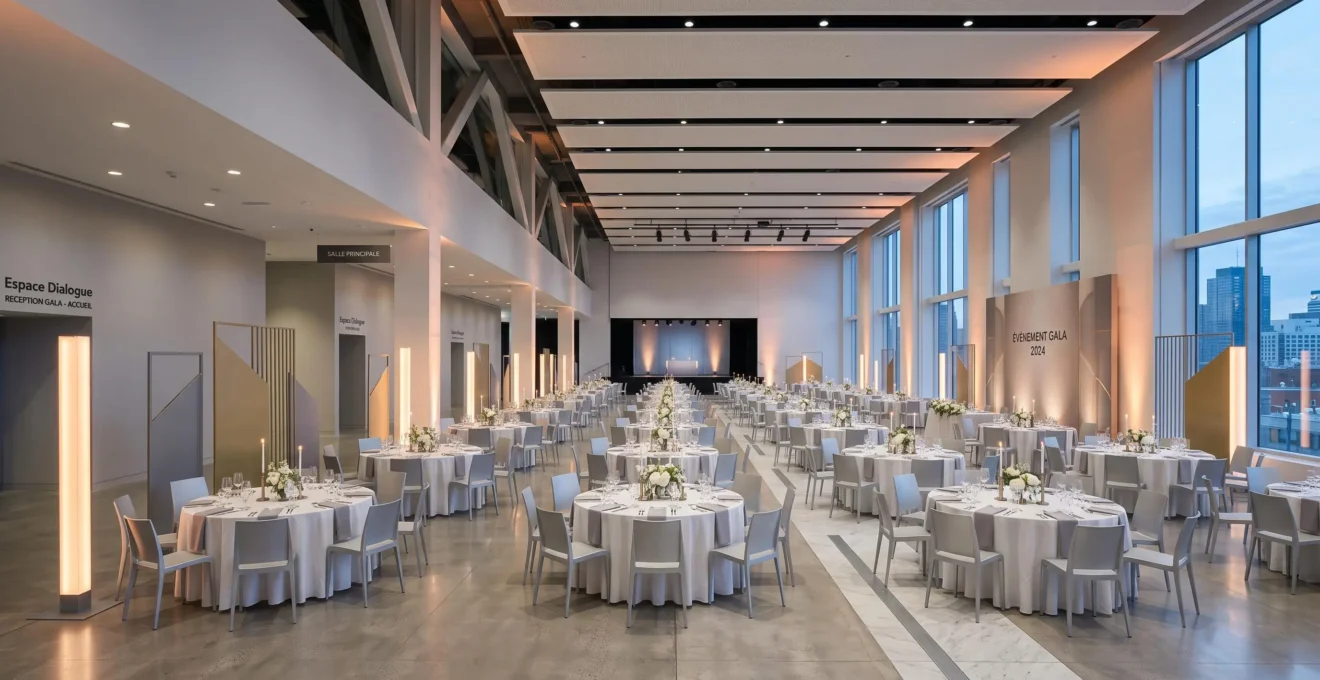Salle de gala corporate française avec décoration sobre élégante, structures lumineuses verticales, palette neutre et éclairage architectural raffiné