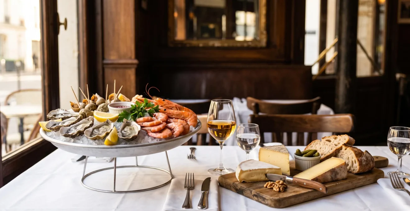 Table de brasserie avec plateau de fruits de mer sur glace et plateau de fromages savoyards disposés côte à côte sur nappe blanche, ambiance restaurant traditionnel