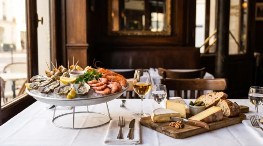 Table de brasserie avec plateau de fruits de mer sur glace et plateau de fromages savoyards disposés côte à côte sur nappe blanche, ambiance restaurant traditionnel