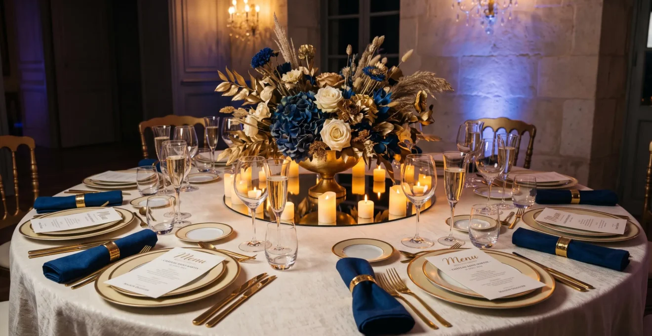 Table d'événement dressée avec palette dorée et bleue, éclairée par projecteurs LED d'ambiance colorés créant reflets sur vaisselle et verrerie