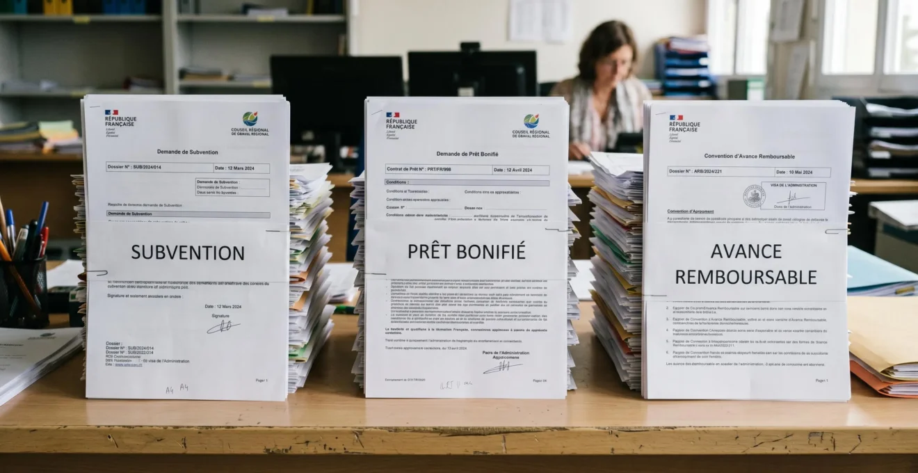 Trois piles de documents administratifs français représentant les dispositifs subvention, prêt bonifié et avance remboursable