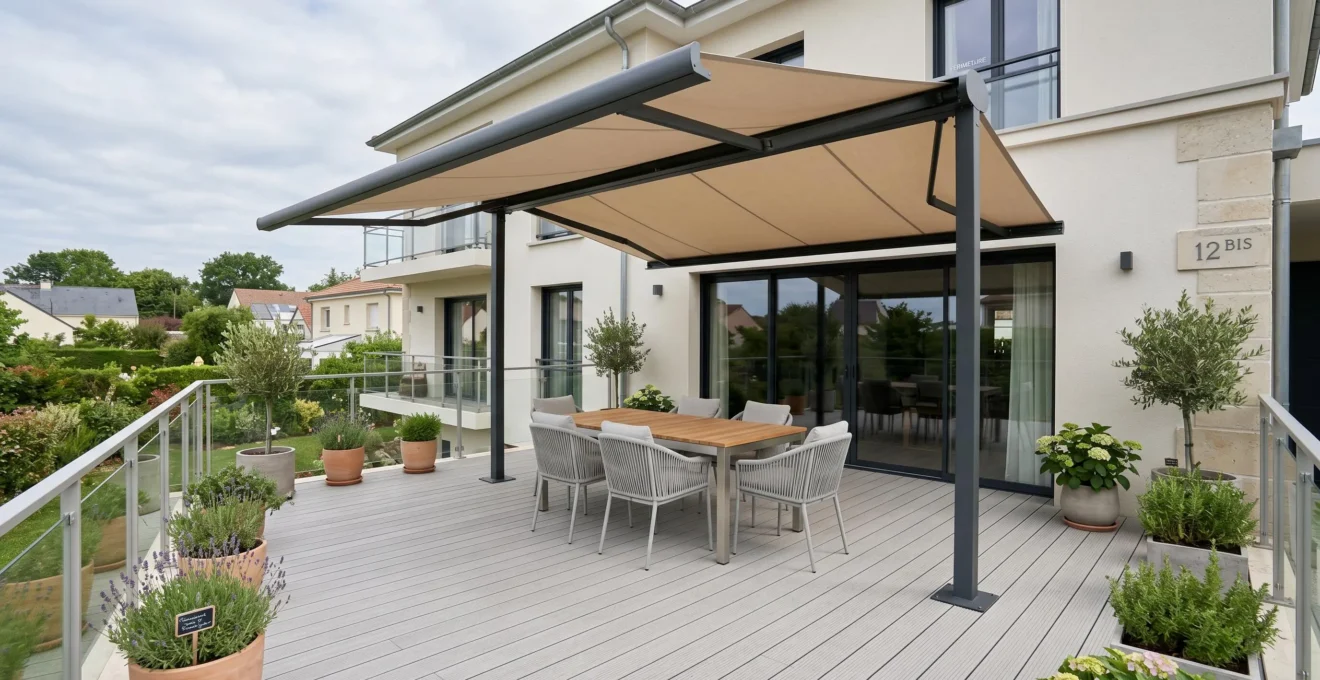 Vue aérienne d'une terrasse résidentielle française équipée d'un store double pente déployé en configuration îlot central, avec salon de jardin sous la zone ombragée et maison moderne en arrière-plan