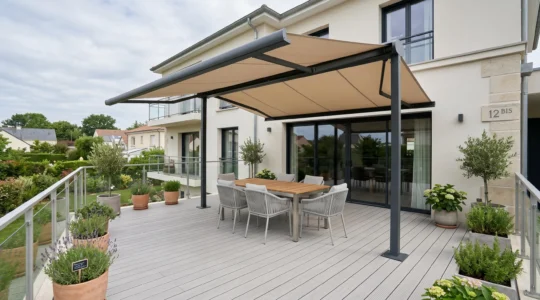 Vue aérienne d'une terrasse résidentielle française équipée d'un store double pente déployé en configuration îlot central, avec salon de jardin sous la zone ombragée et maison moderne en arrière-plan