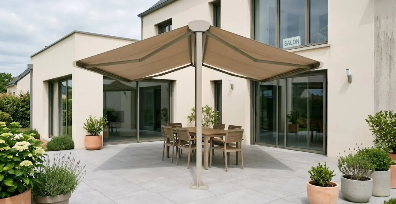 Vue latérale d'une terrasse avec store double pente positionné à 3 mètres de la façade en configuration semi-adossée, espace de circulation visible et plots béton apparents au sol