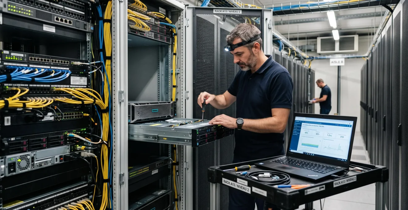 Administrateur de bases de données debout dans une salle serveurs d'entreprise française, en train d'intervenir sur un serveur rack ouvert, avec un ordinateur portable sur chariot technique à proximité
