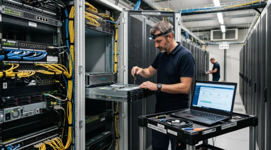 Administrateur de bases de données debout dans une salle serveurs d'entreprise française, en train d'intervenir sur un serveur rack ouvert, avec un ordinateur portable sur chariot technique à proximité