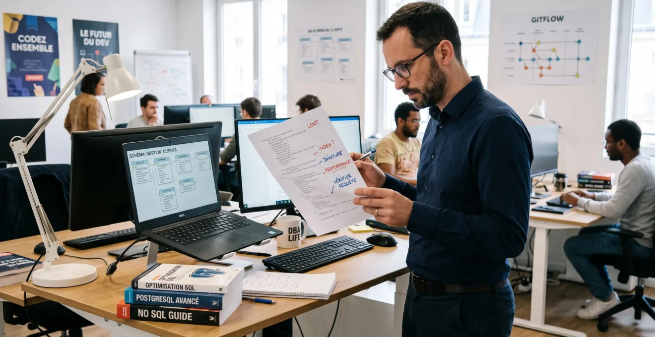 Administrateur de bases de données debout devant un bureau technique, analysant des impressions de code SQL annotées manuellement, avec ordinateur portable ouvert montrant un schéma de base de données