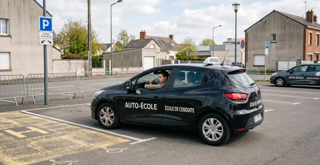 Voiture d'auto-école effectuant un exercice de stationnement dans une zone d'entraînement urbaine