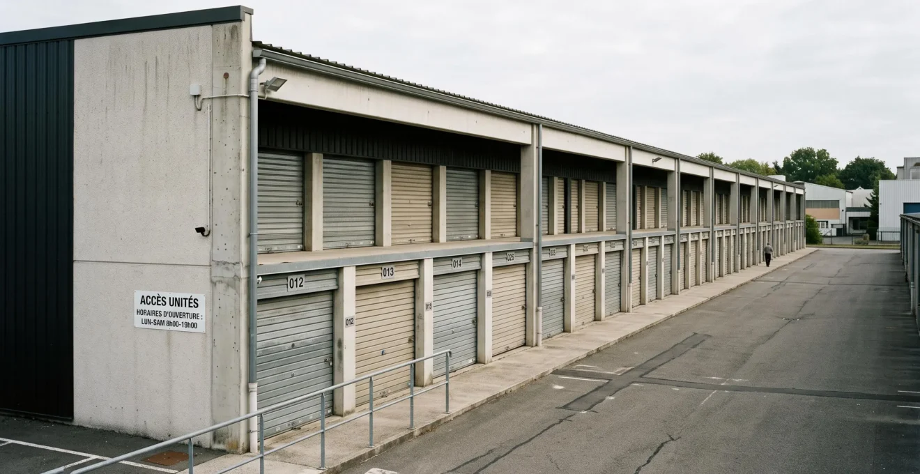 Vue extérieure d'une installation de boxes de stockage en France montrant des rangées de portes métalliques numérotées