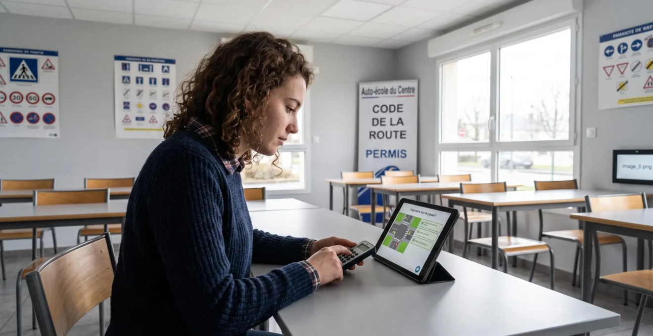 Élève en salle de formation utilisant un boîtier de réponse pour s'entraîner au code de la route