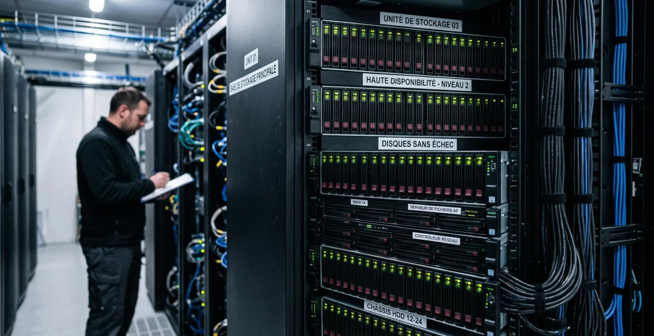 Infrastructure de stockage de données montrant des baies de disques avec multiples LED d'activité allumées, dans une salle serveurs française, technicien partiellement visible en arrière-plan