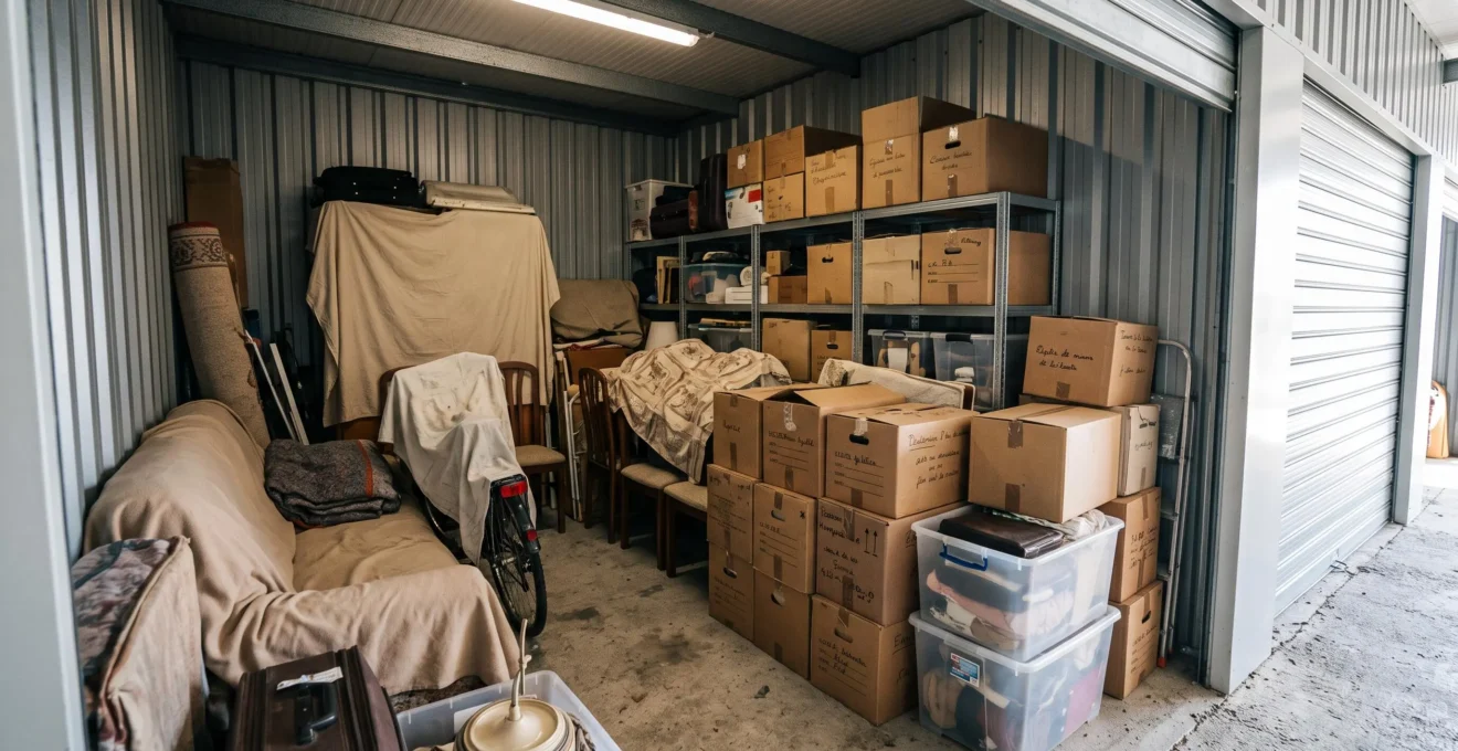 Intérieur d'un box de stockage individuel rempli de cartons empilés, meubles protégés et objets personnels organisés sur des étagères métalliques