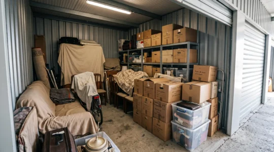 Intérieur d'un box de stockage individuel rempli de cartons empilés, meubles protégés et objets personnels organisés sur des étagères métalliques