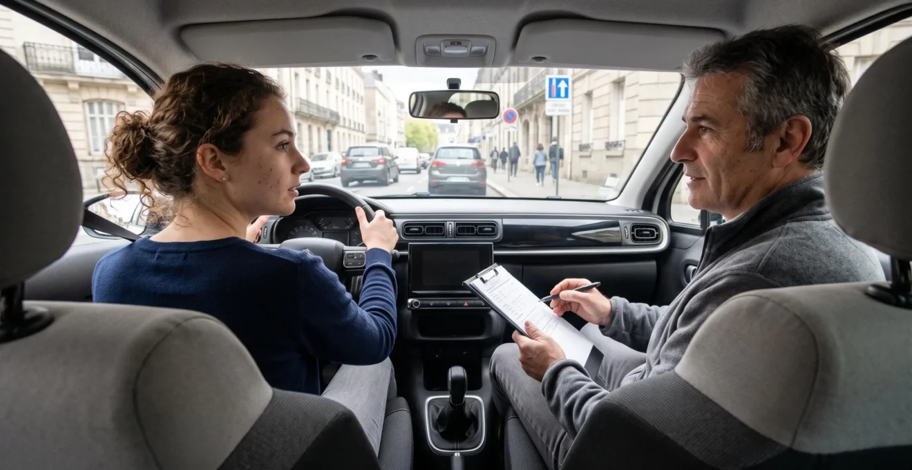 Élève conducteur au volant lors d'une leçon de conduite avec moniteur dans une voiture d'auto-école