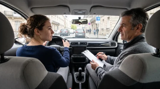 Élève conducteur au volant lors d'une leçon de conduite avec moniteur dans une voiture d'auto-école
