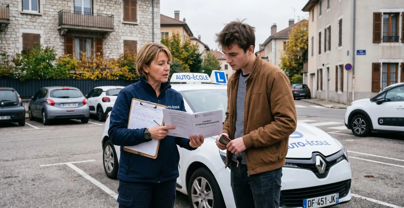 Moniteur d'auto-école expliquant le contenu d'un document d'évaluation à un élève à côté d'un véhicule
